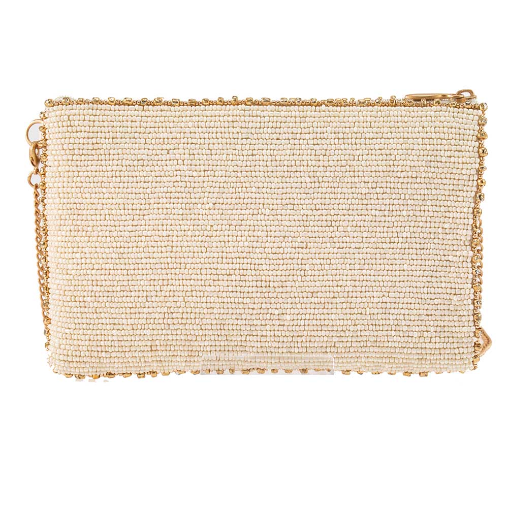 Beaded clutch bag with gold chain on a white background