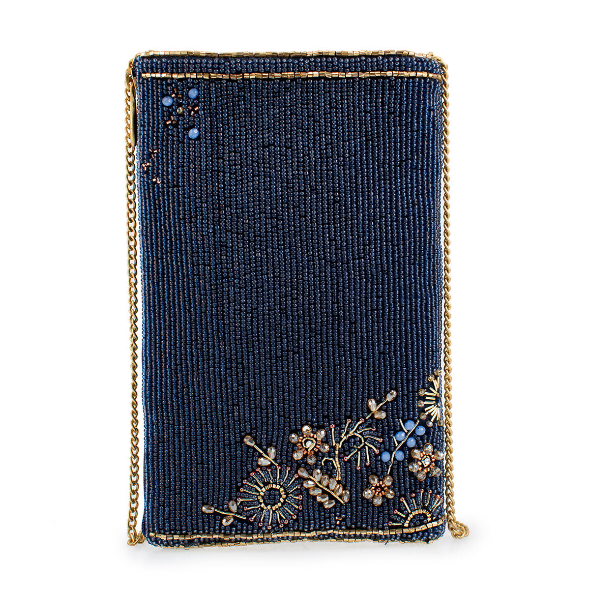 Blue beaded clutch with gold chain and floral embroidery on a white background