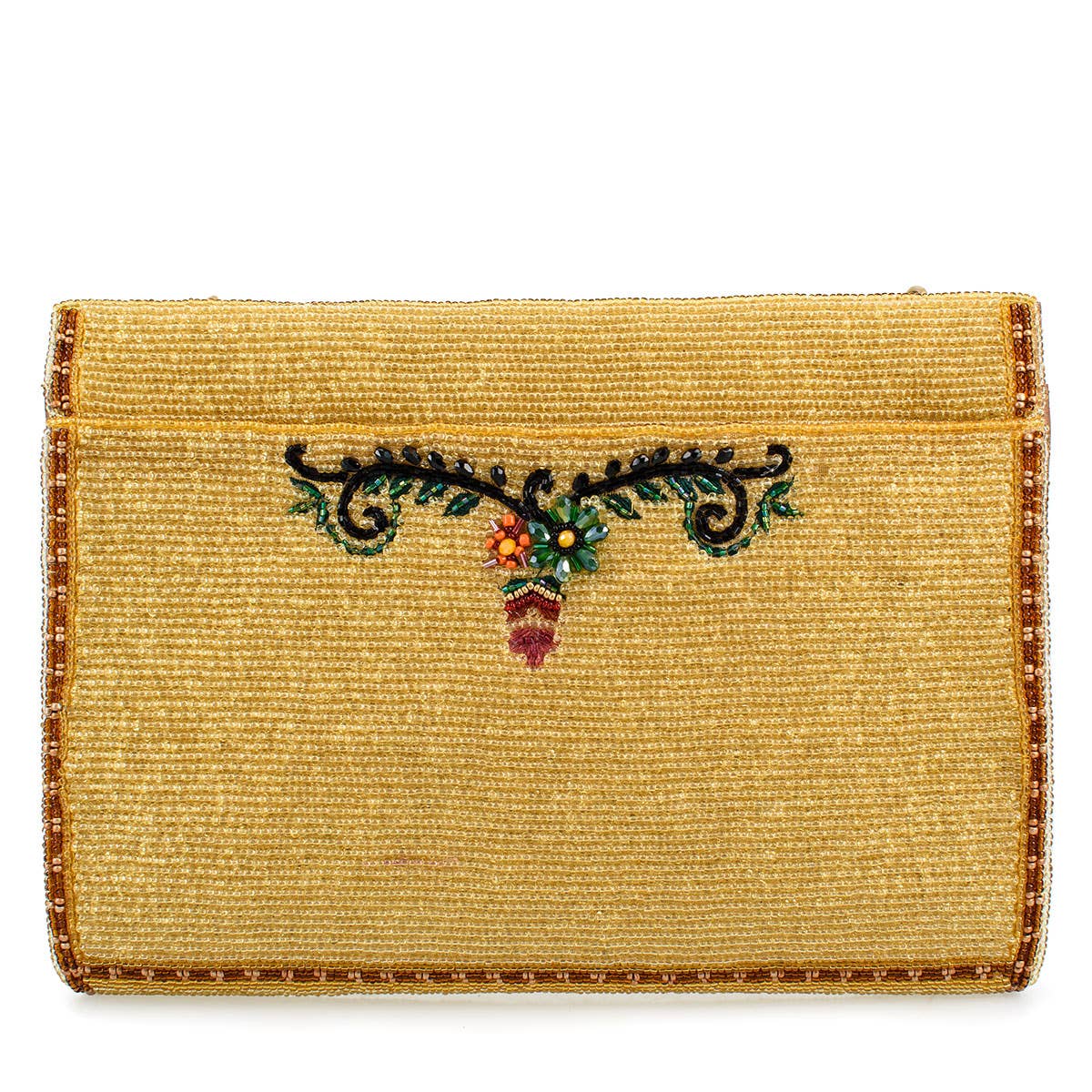 Decorative clutch with floral embroidery on a beige background