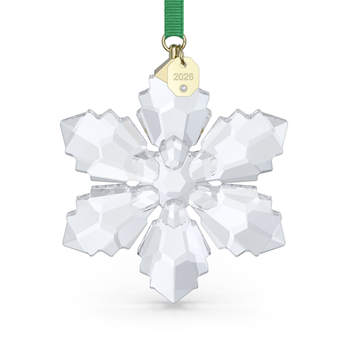 Crystal snowflake ornament with a gold tag on a white background