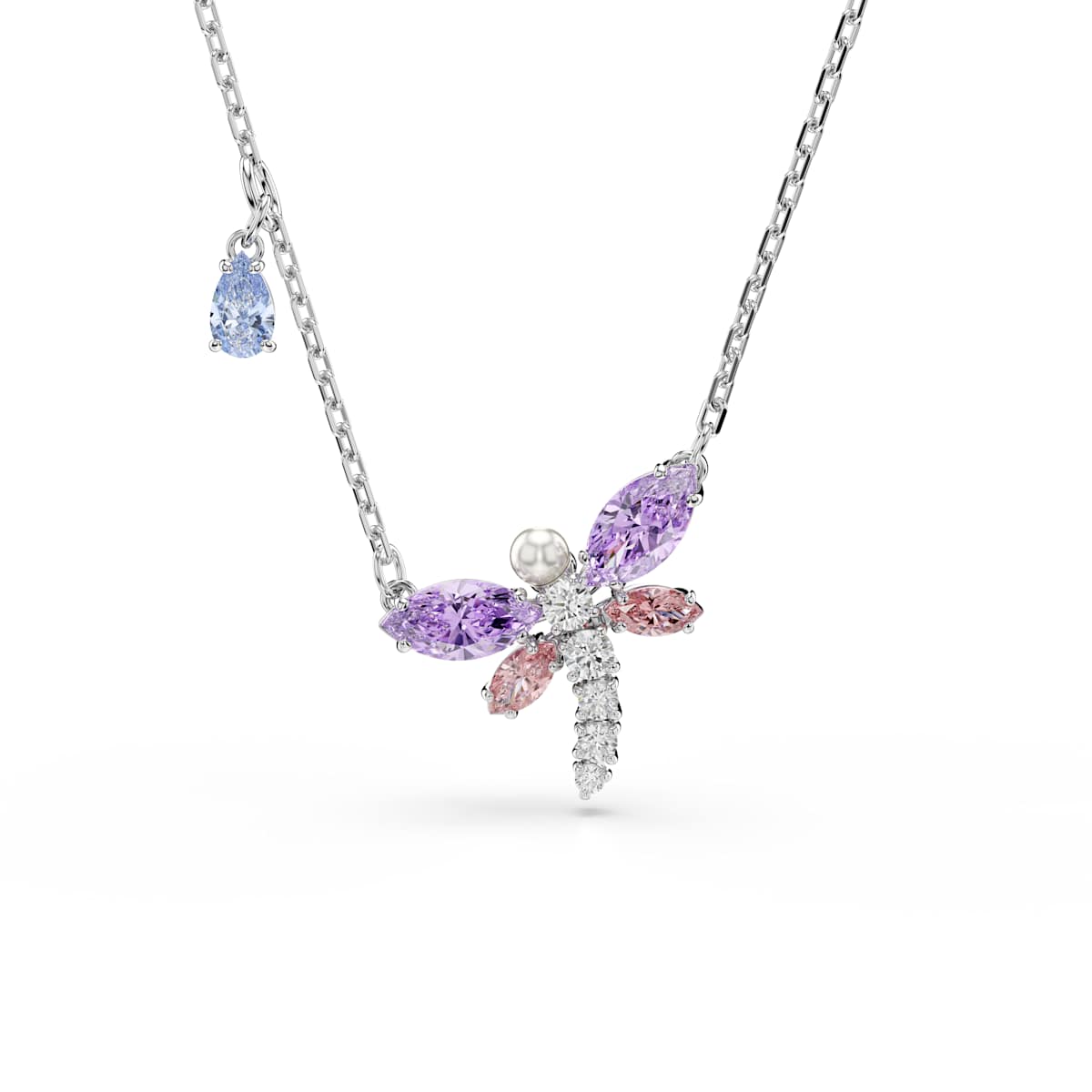 Dragonfly-shaped necklace with purple and pink gemstones on a white background