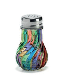 A multicolored Murano glass salt shaker with a silver top.