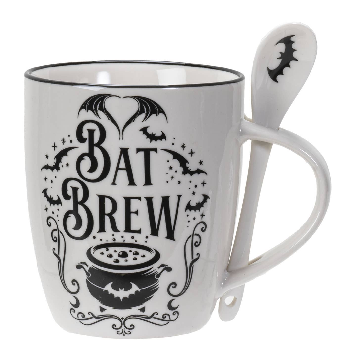 White mug with 'Bat Brew' design and a matching spoon on a white background