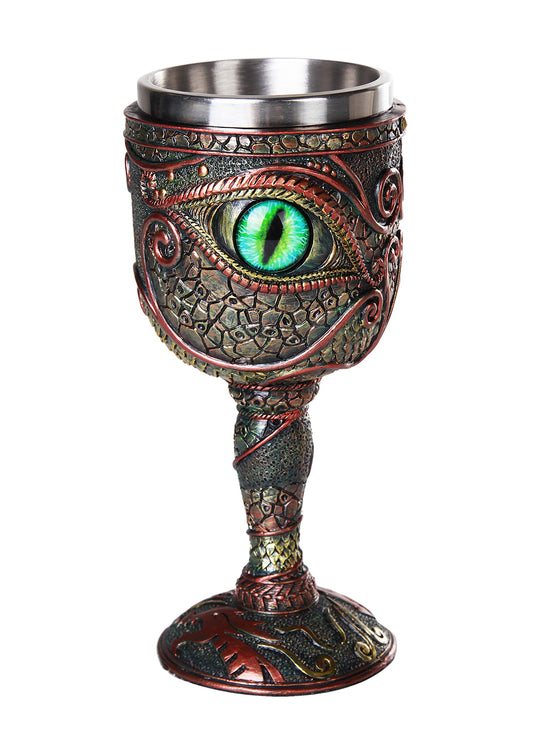 Decorative goblet with eye design on a white background