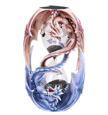 Decorative sand timer with dragon design on a white background