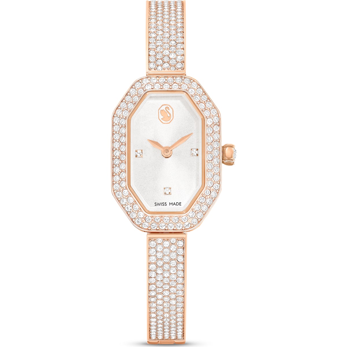 A rose gold-tone Swarovski bangle watch with a crystal-encrusted bracelet and bezel, featuring a white dial and Swiss Made branding.