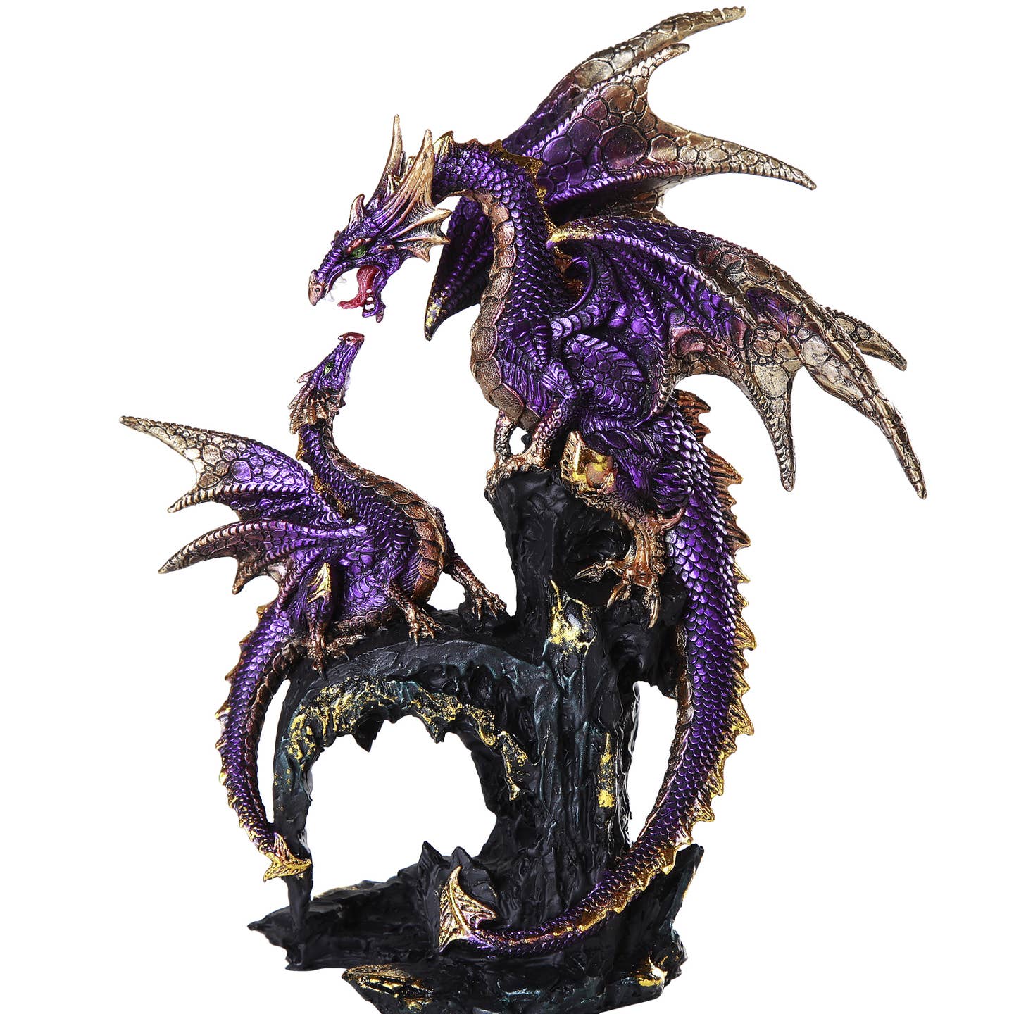 Purple and gold dragon statue on a white background