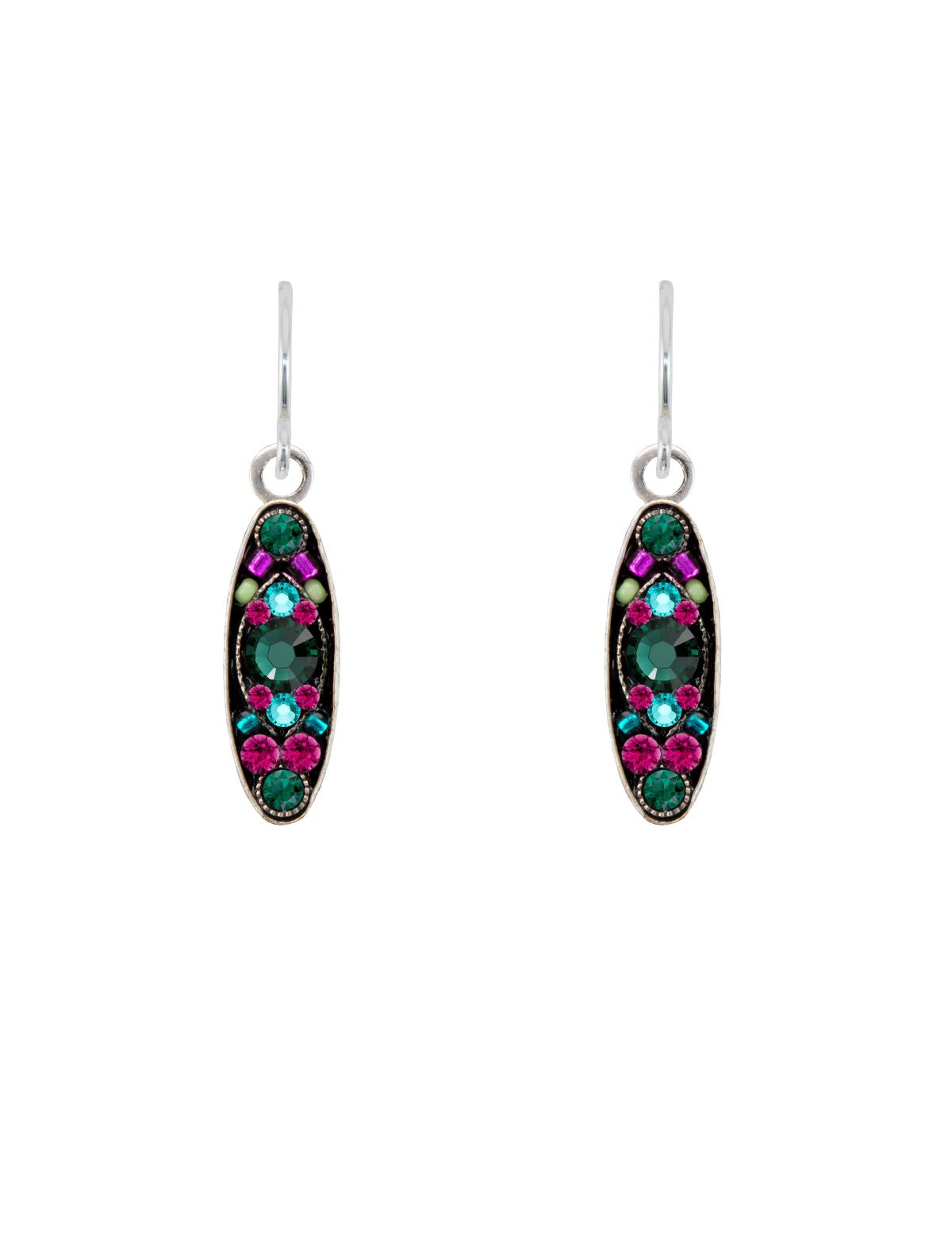 Pair of earrings with green and pink gemstones on a white background