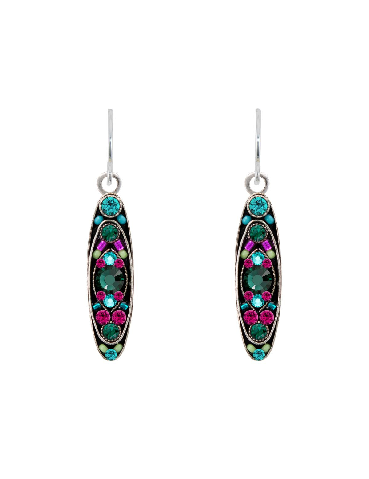 Pair of earrings with colorful gemstones on a white background