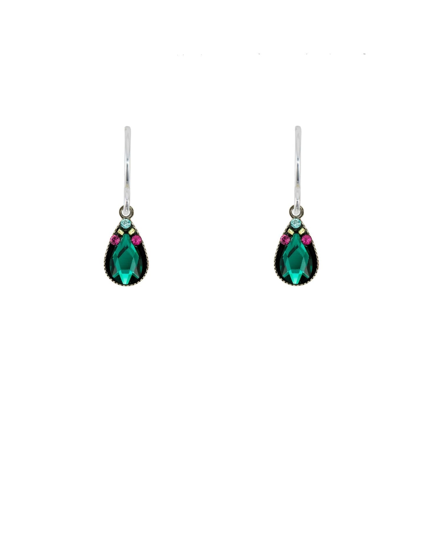 Teardrop-shaped earrings with green and pink gemstones on a white background