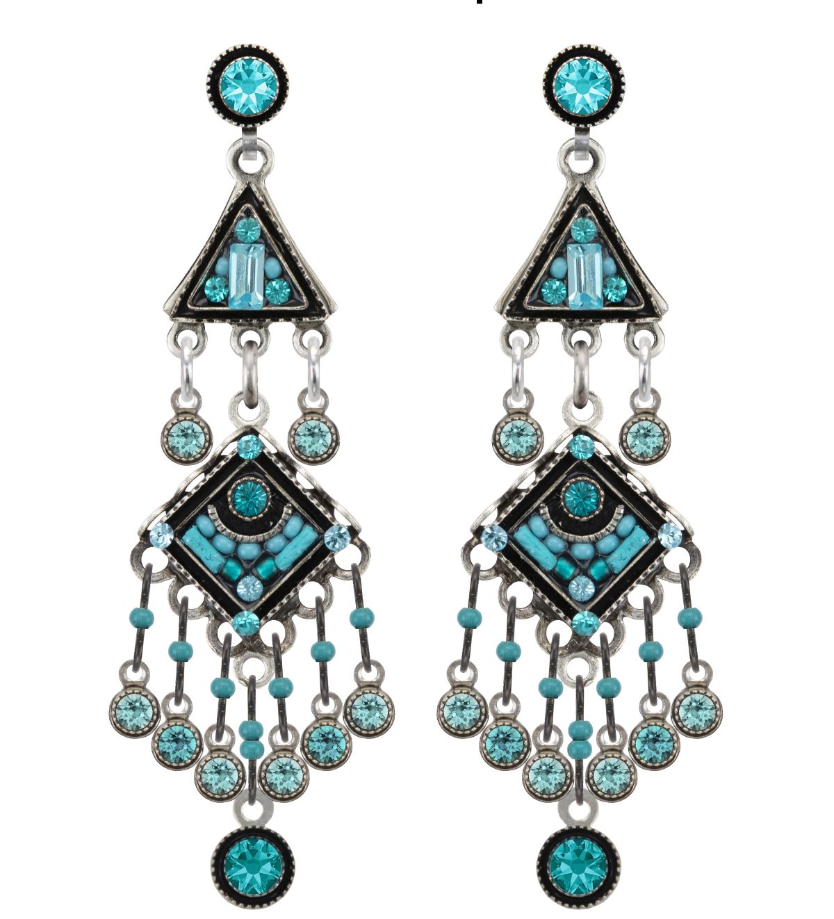 Pair of chandelier earrings with turquoise gemstones on a white background