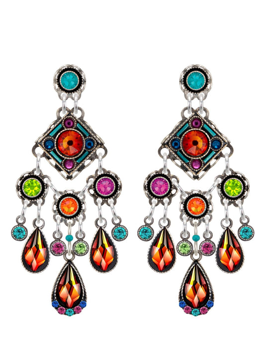 Multicolored chandelier earrings with gemstone accents on a white background