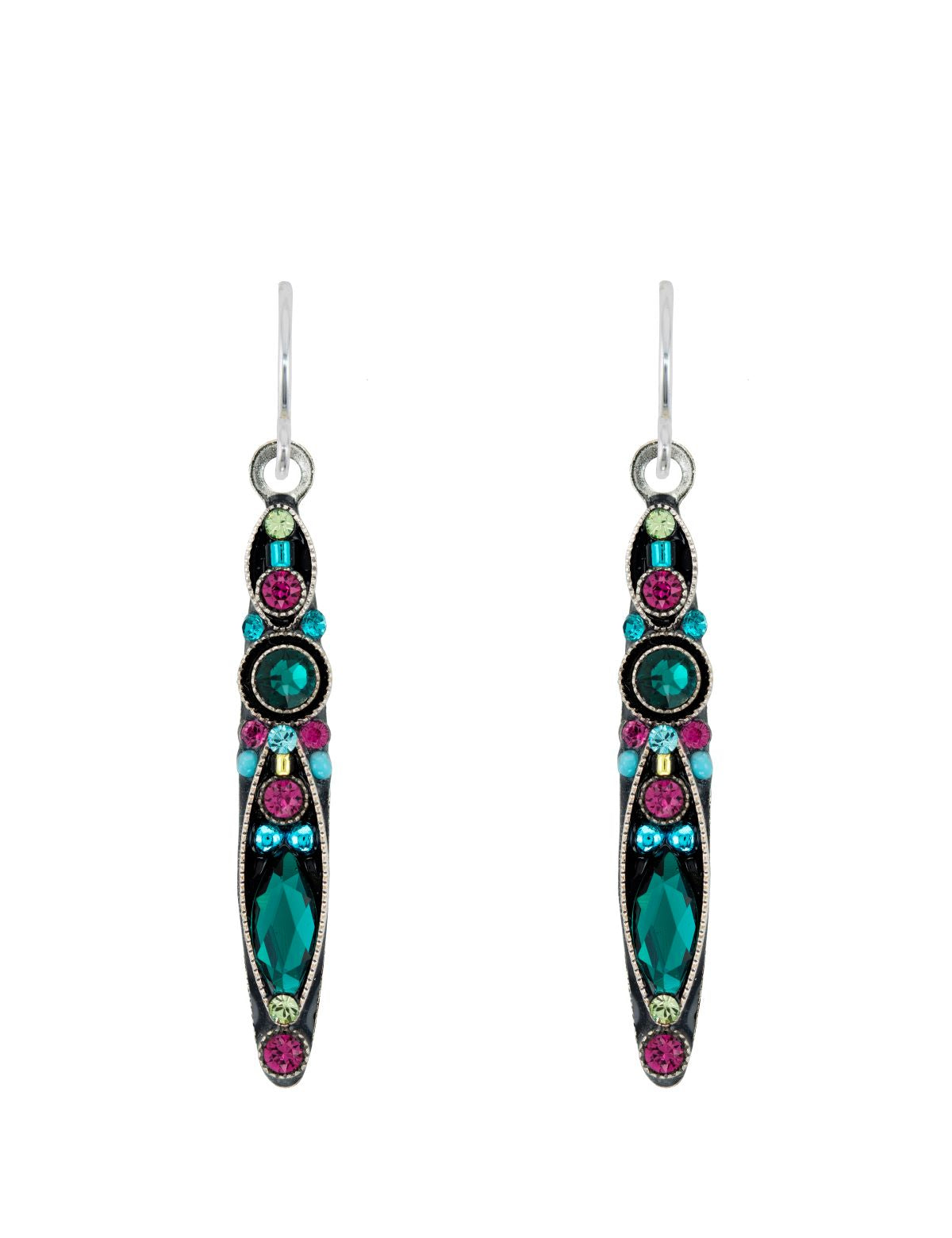 Pair of earrings with colorful gemstones on a white background