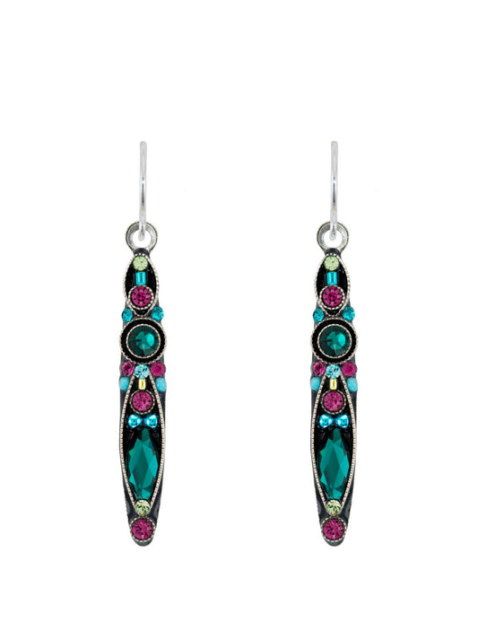 Pair of earrings with colorful gemstones on a white background