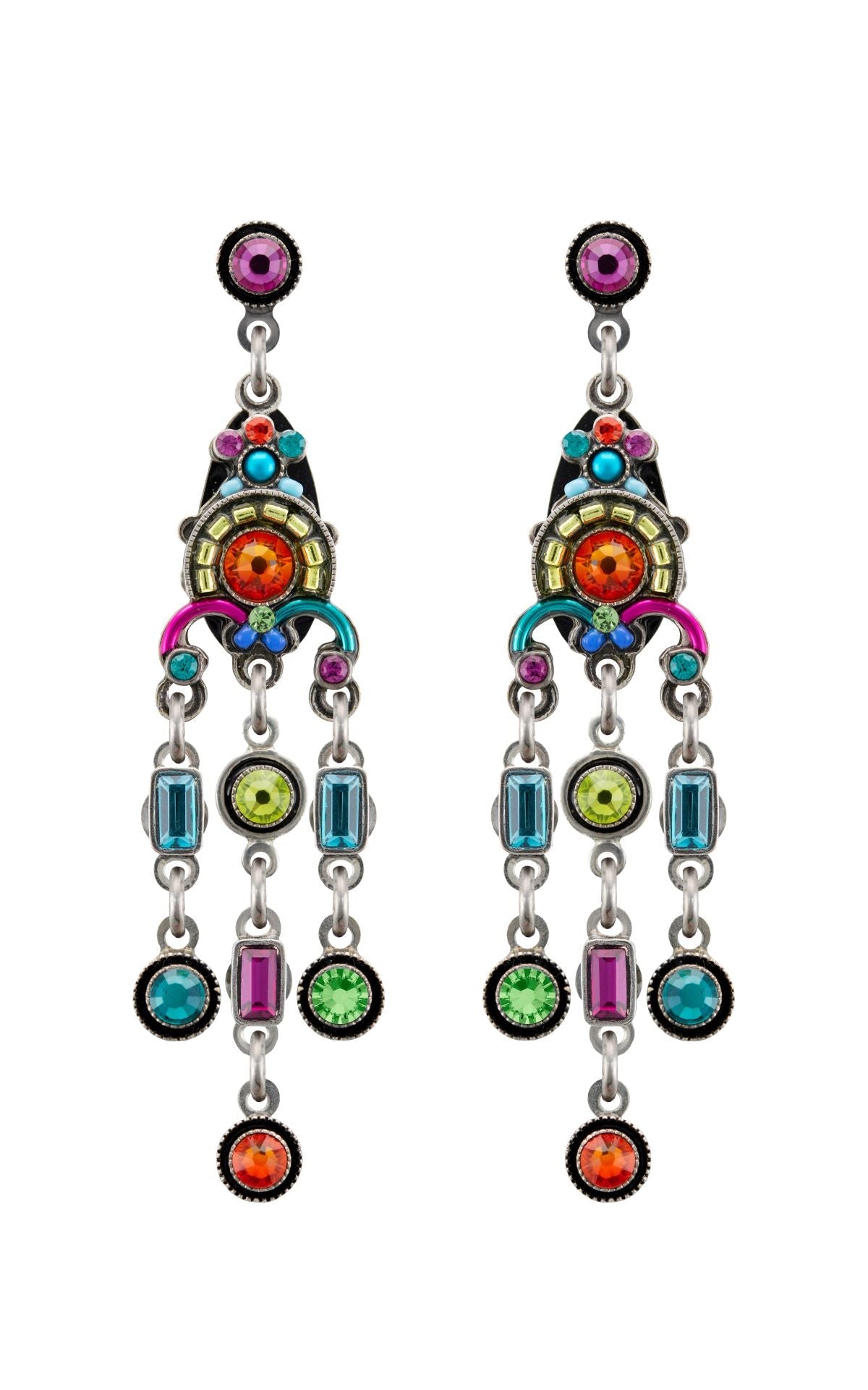Colorful earrings with gemstones on a white background