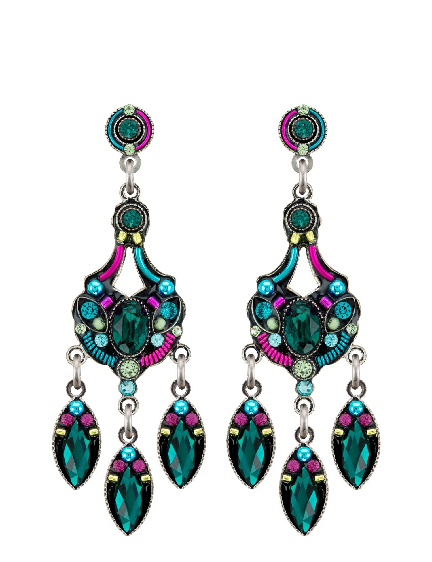 Colorful earrings with green and pink gemstones on a white background