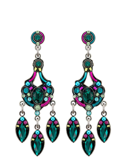 Colorful earrings with green and pink gemstones on a white background