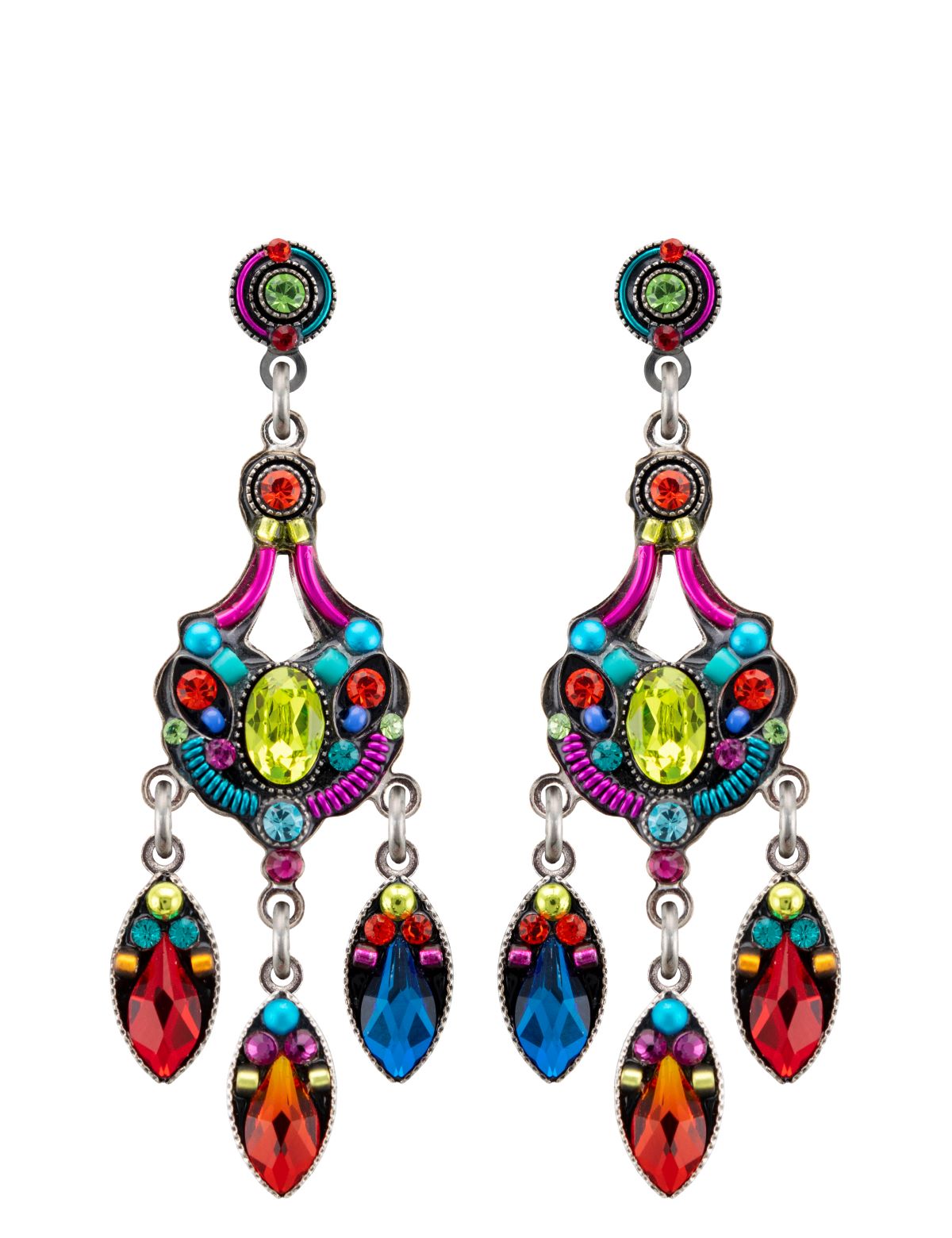 Colorful earrings with gemstone-like beads on a white background