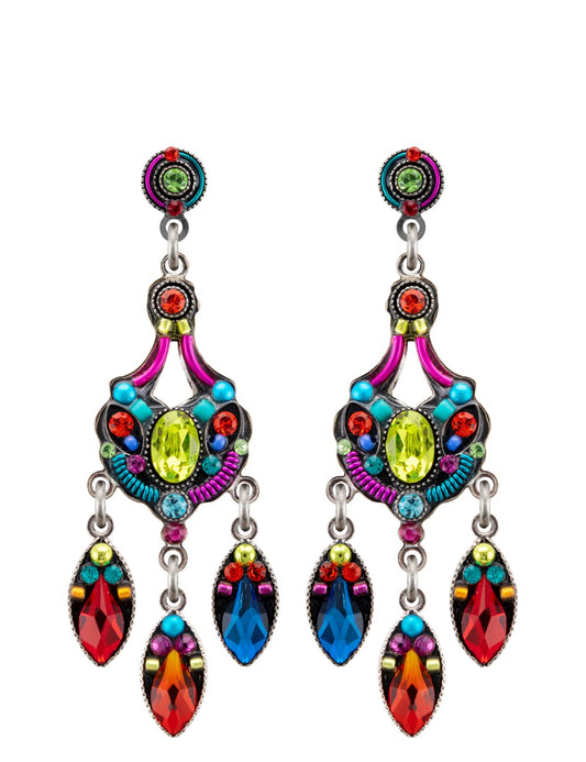 Colorful earrings with gemstone-like beads on a white background