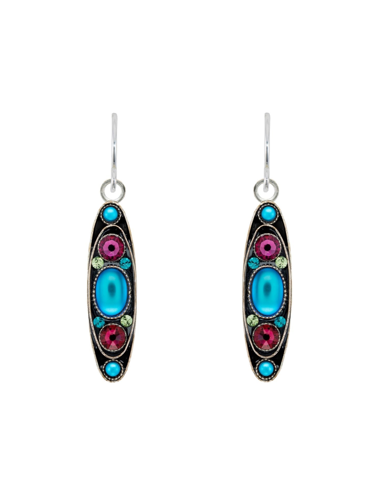 Pair of earrings with colorful gemstones on a white background