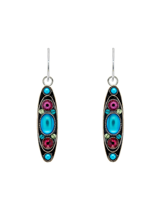 Pair of earrings with colorful gemstones on a white background