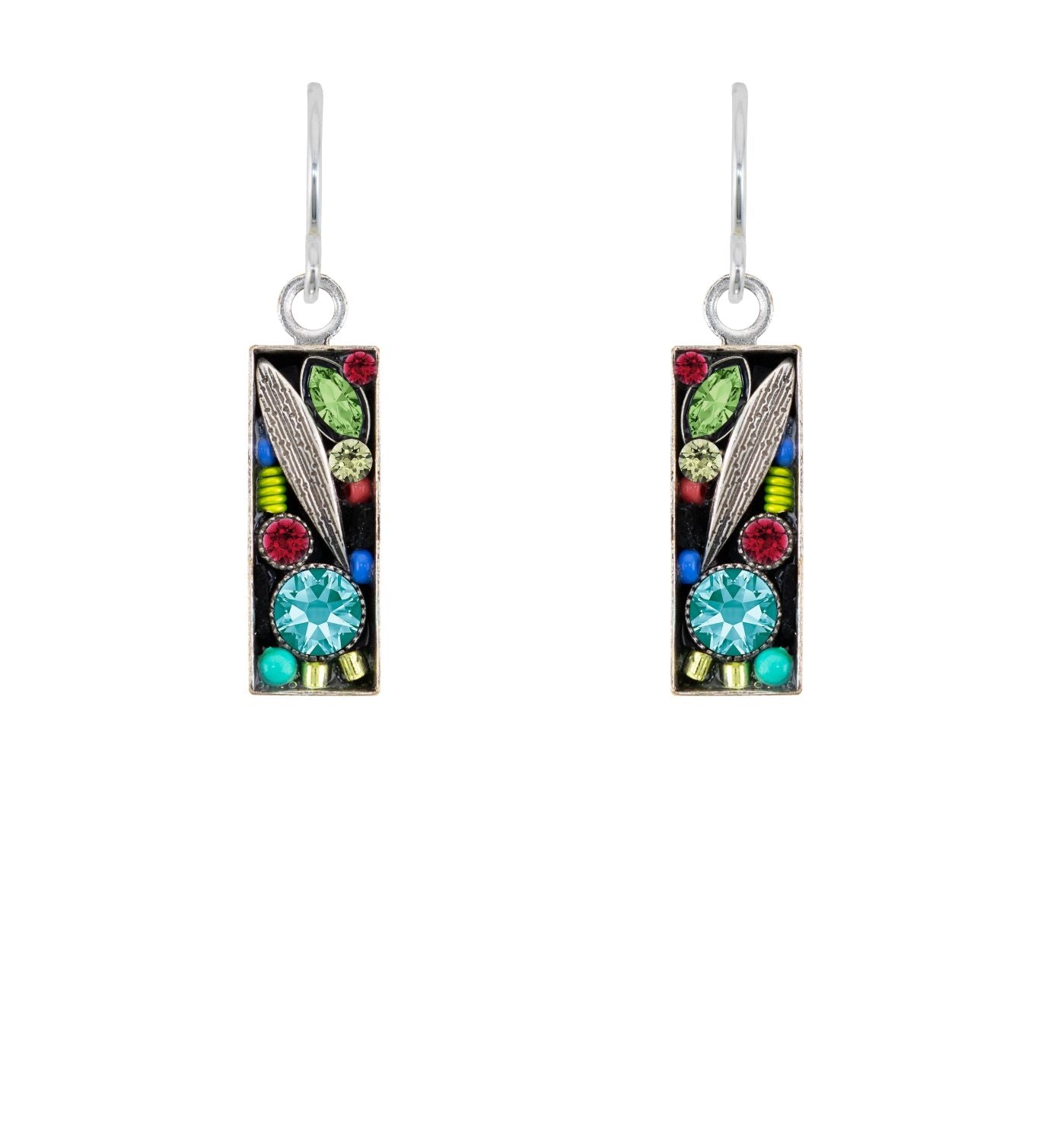 Pair of earrings with rectangular design featuring feathers and gemstones on a white background
