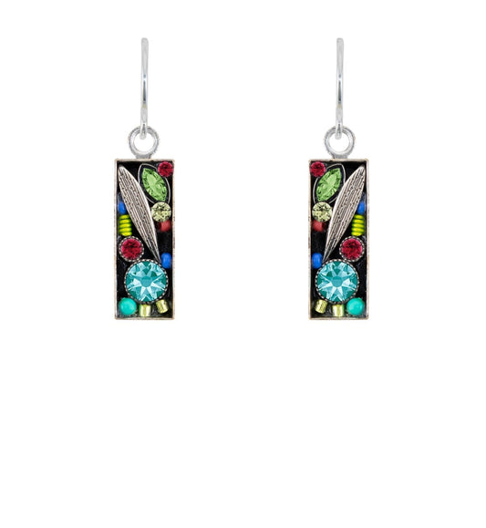 Pair of earrings with rectangular design featuring feathers and gemstones on a white background