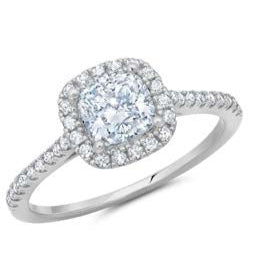 Silver ring with a halo setting on a white background