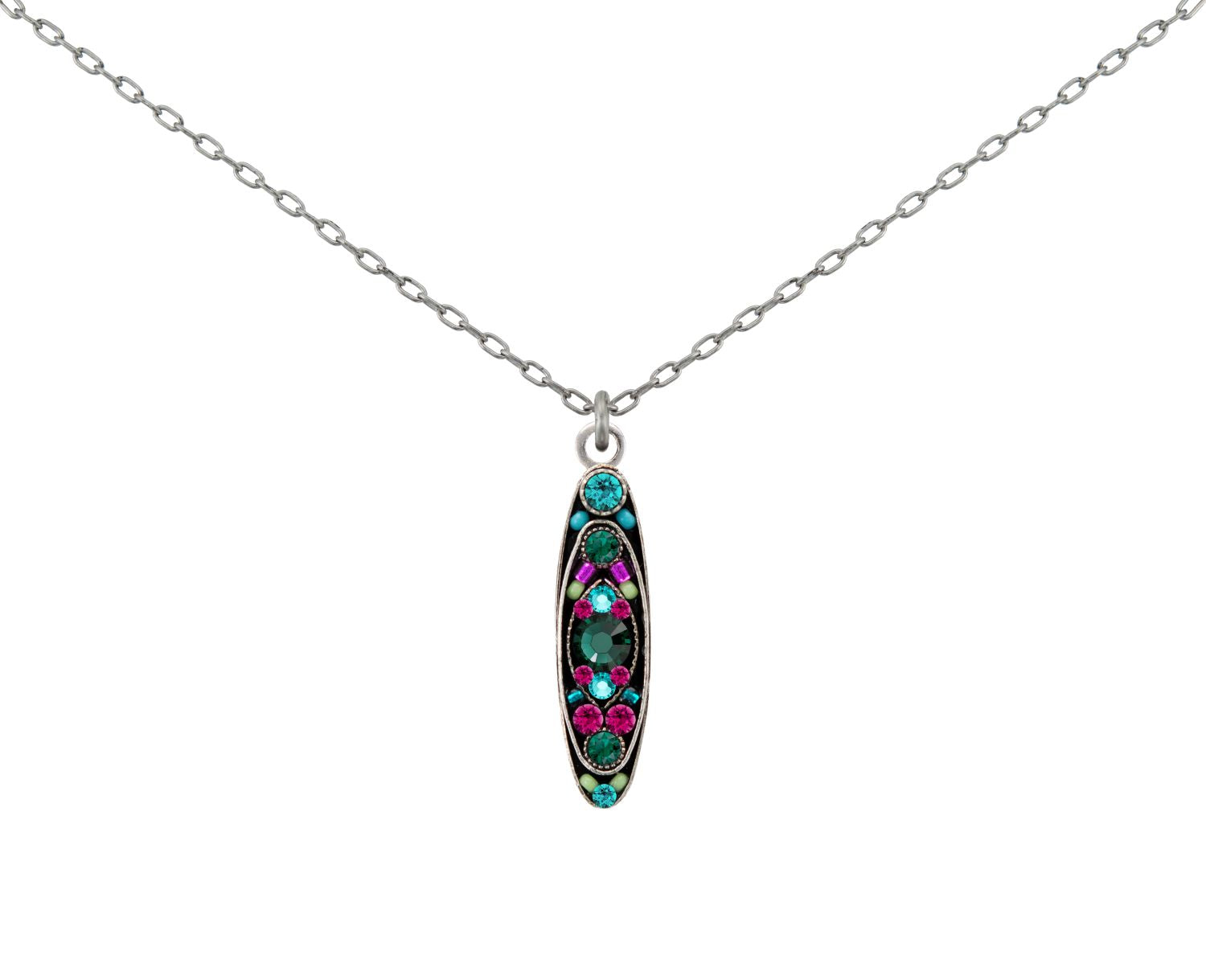 Necklace with a multicolored gemstone pendant on a white background