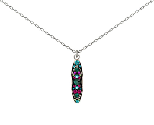 Necklace with a multicolored gemstone pendant on a white background