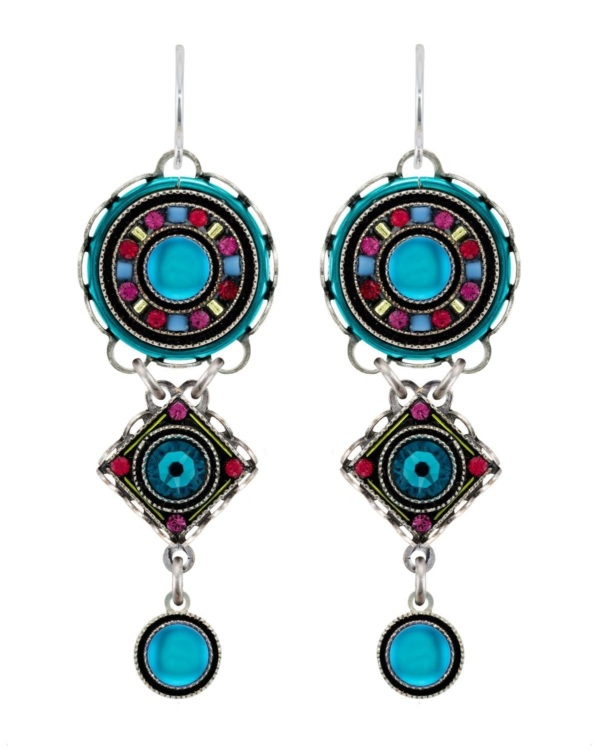 Pair of earrings with circular and square designs featuring turquoise and multicolor stones on a white background.