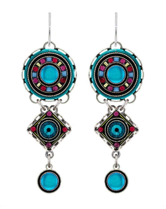 Pair of earrings with circular and square designs featuring turquoise and multicolor stones on a white background.
