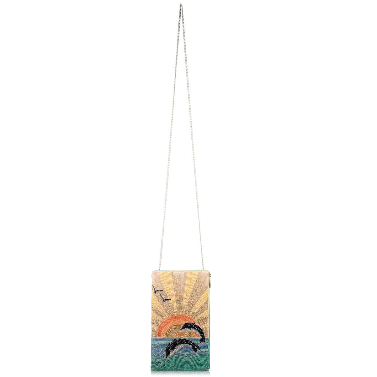 Small pouch with a design of dolphins and a sunburst on a white background