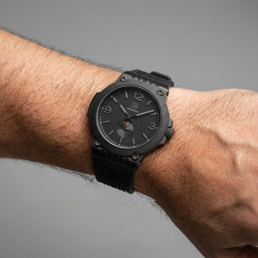 A close-up of a black rugged wristwatch with a textured bezel and black strap, worn on a person's wrist against a neutral gray background.