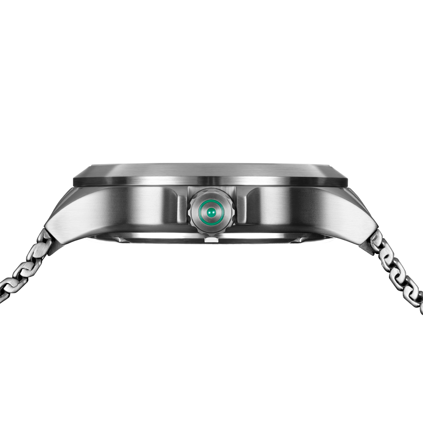 Close-up side view of a stainless steel watch with a mess strap, showing the side button and camera lens cutout on a plain white background.