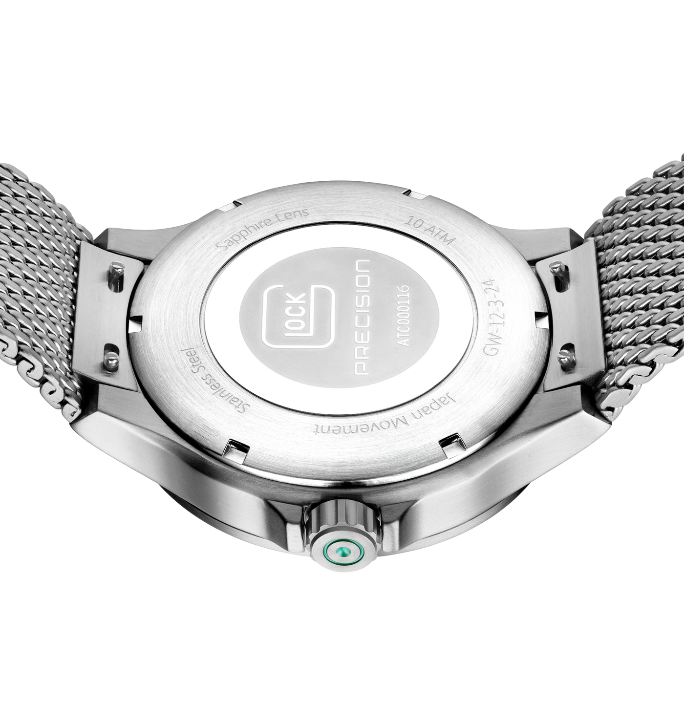 Close-up of a silver watch with mesh band on a white background