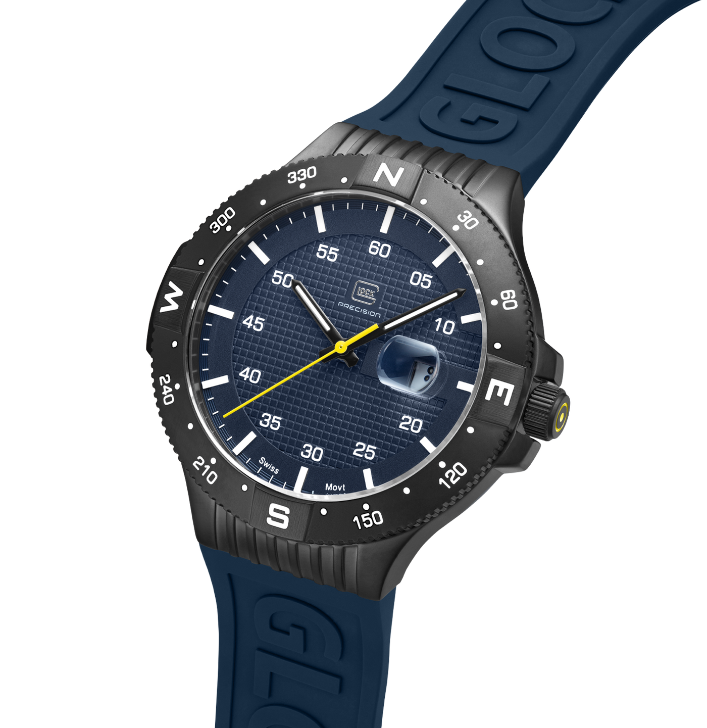A wristwatch with a dark blue textured dial, black bezel with white navigational markings, and a dark blue silicone strap featuring embossed lettering.