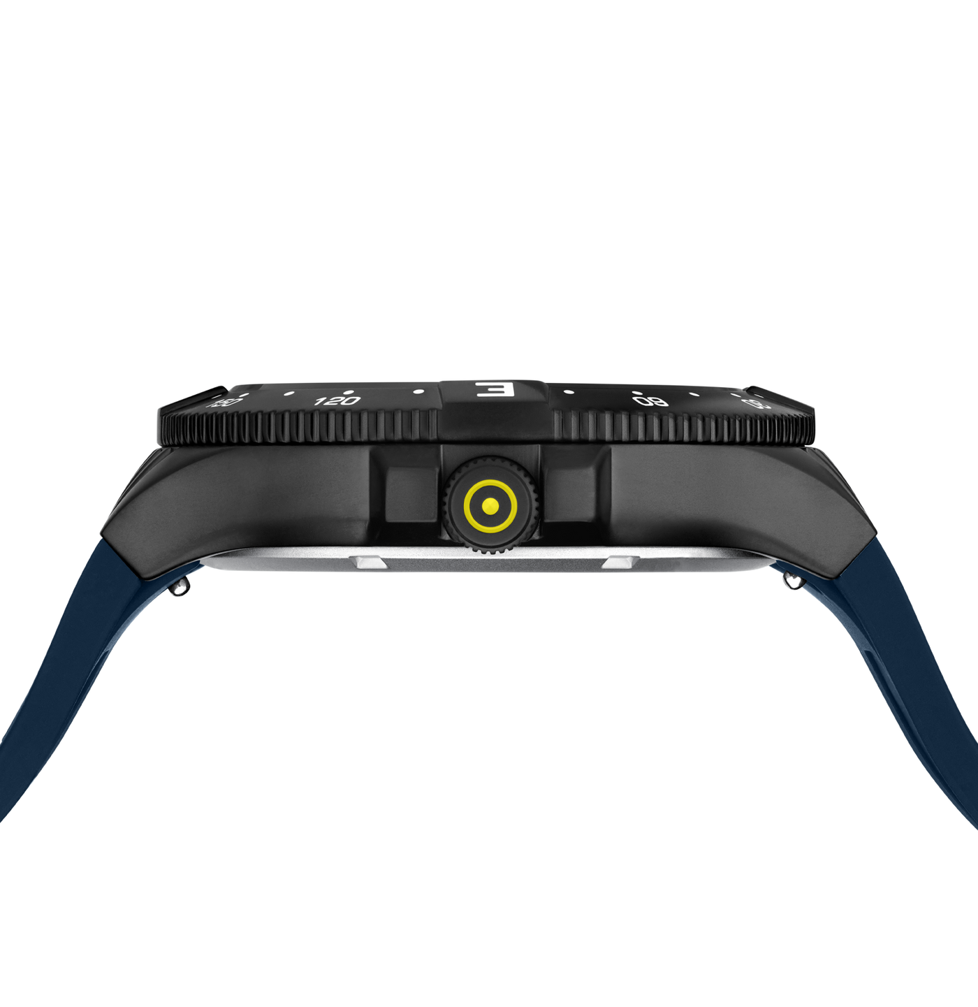 Close-up side view of a watch with a black textured bezel, a central yellow accent button, and a dark blue strap on a white background.