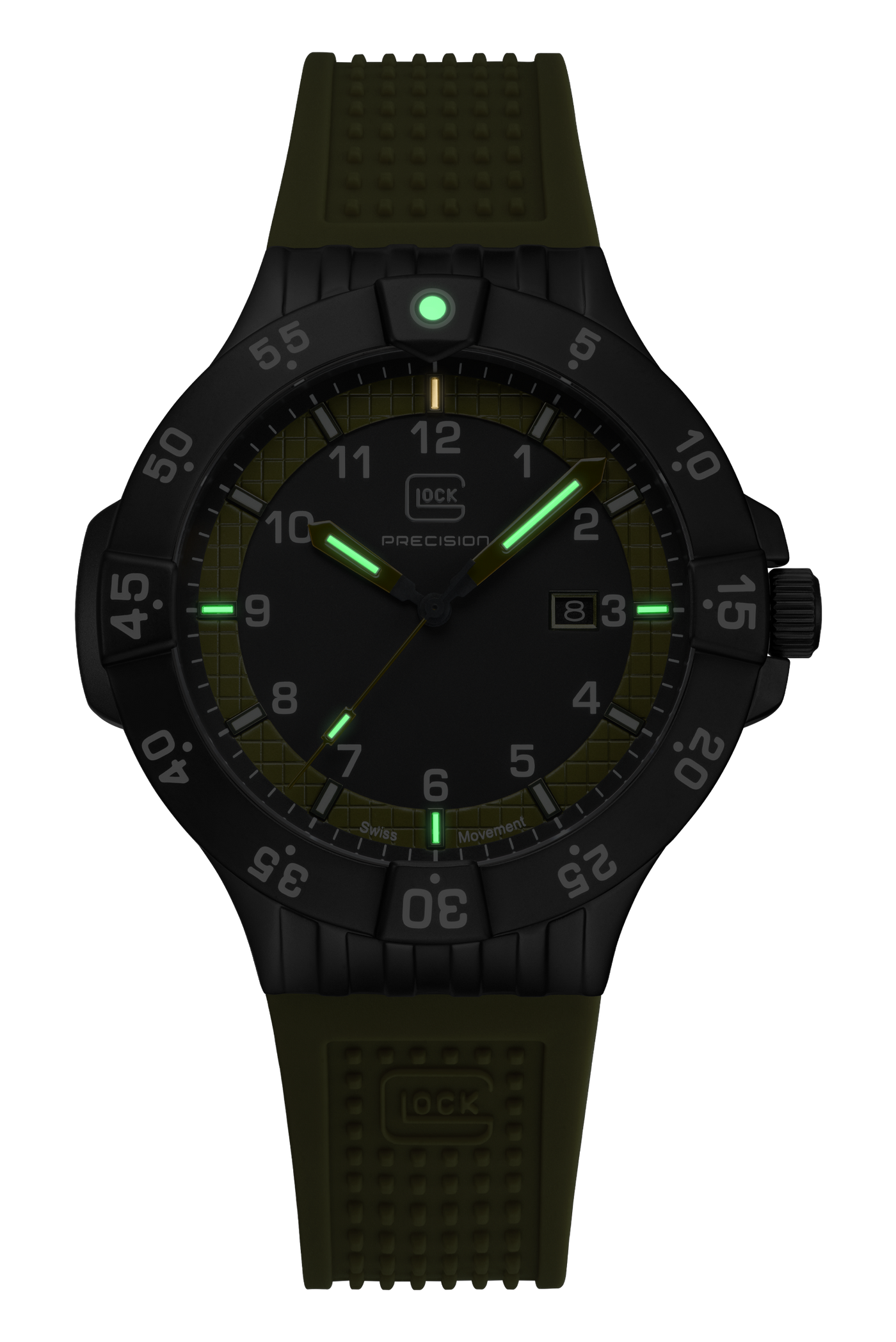 A black and olive green military-style watch with a textured silicone strap, featuring luminous green hands, markers, and a date window on a black dial. The brand 'Glock' is visible on the dial.
