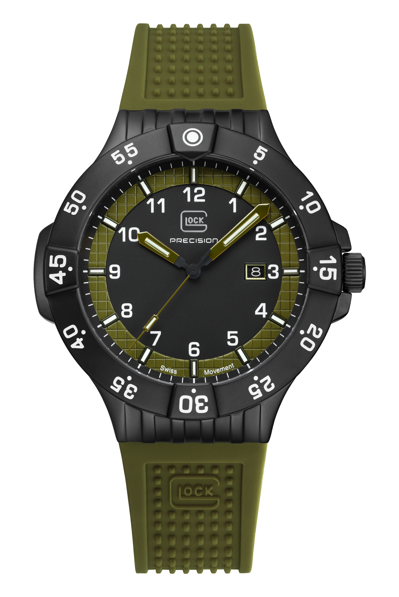 A wristwatch with an olive green textured silicone strap, a black case, and a black dial featuring white Arabic numerals and an olive green ring around the inner dial.