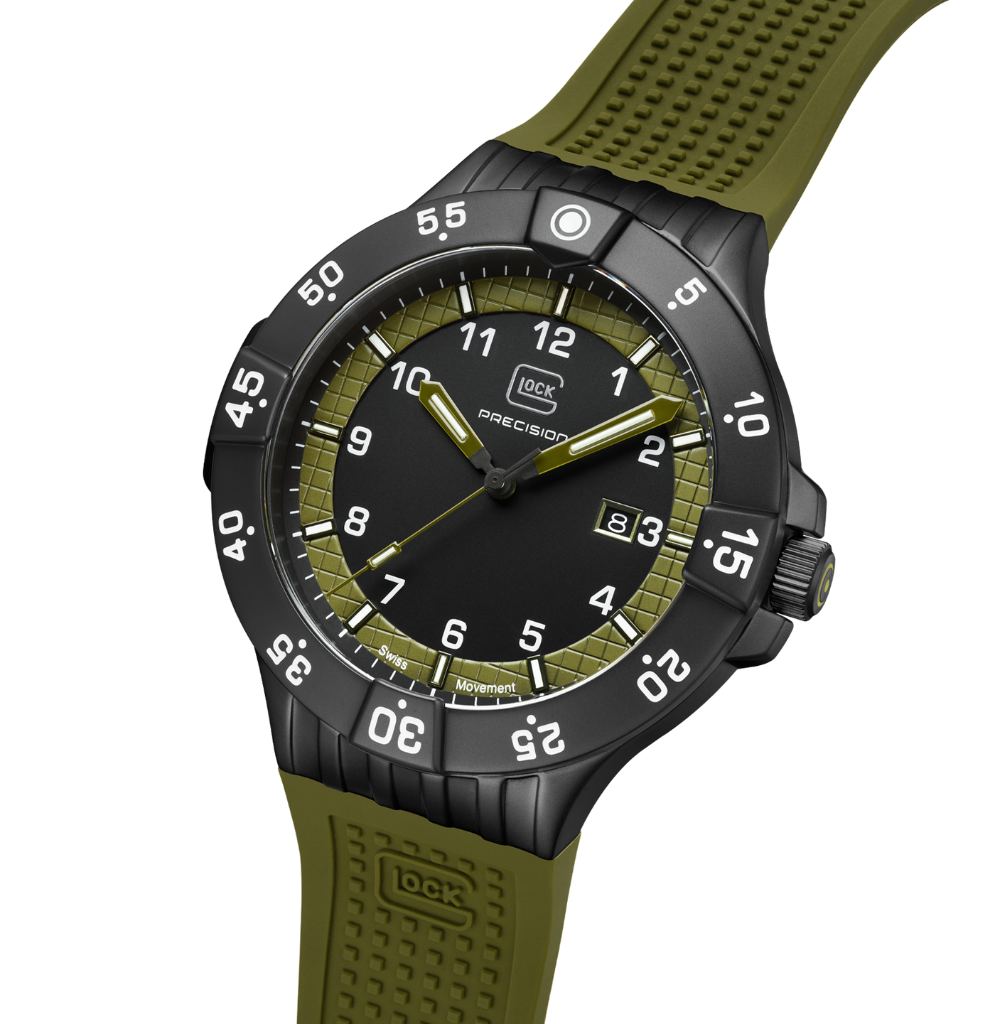 A Glock brand analog watch with a black case, black dial, olive green bezel markings, and an olive green textured silicone strap, shown on a plain white background.