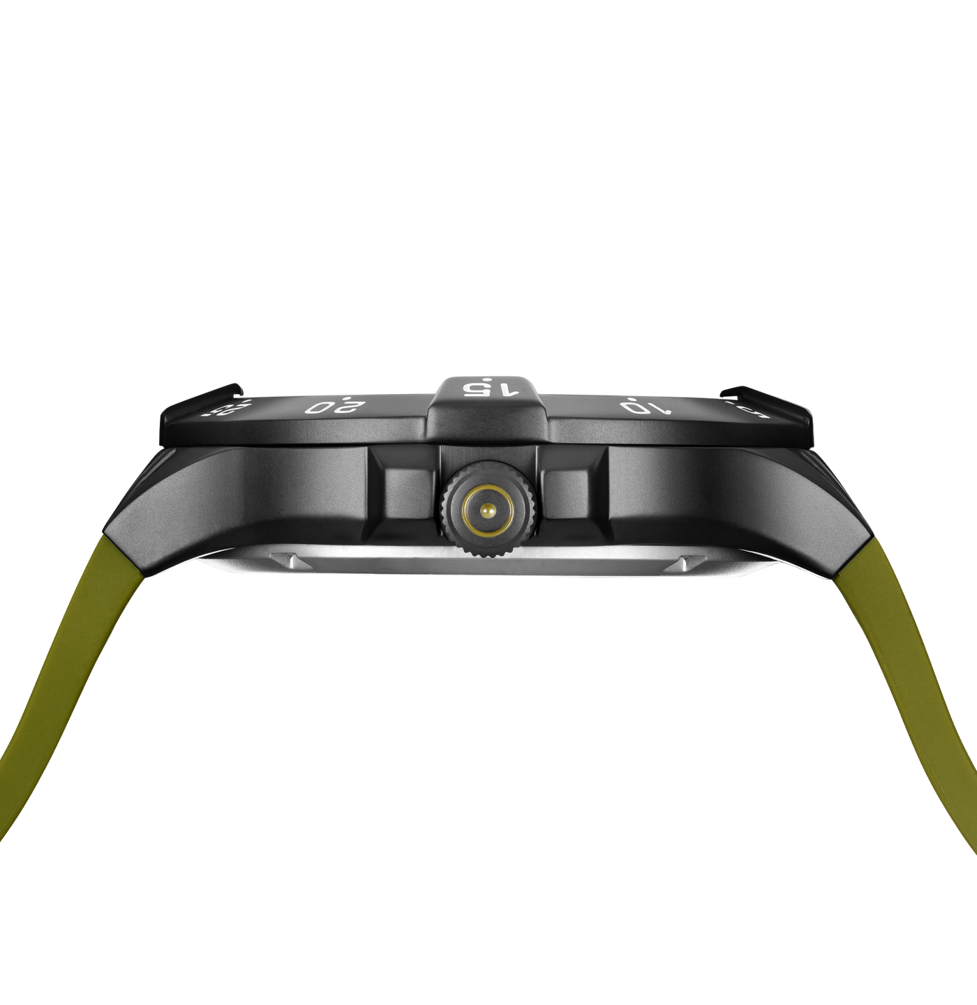 Close-up side view of a rugged watch with a matte black case and olive green strap on a plain white background.