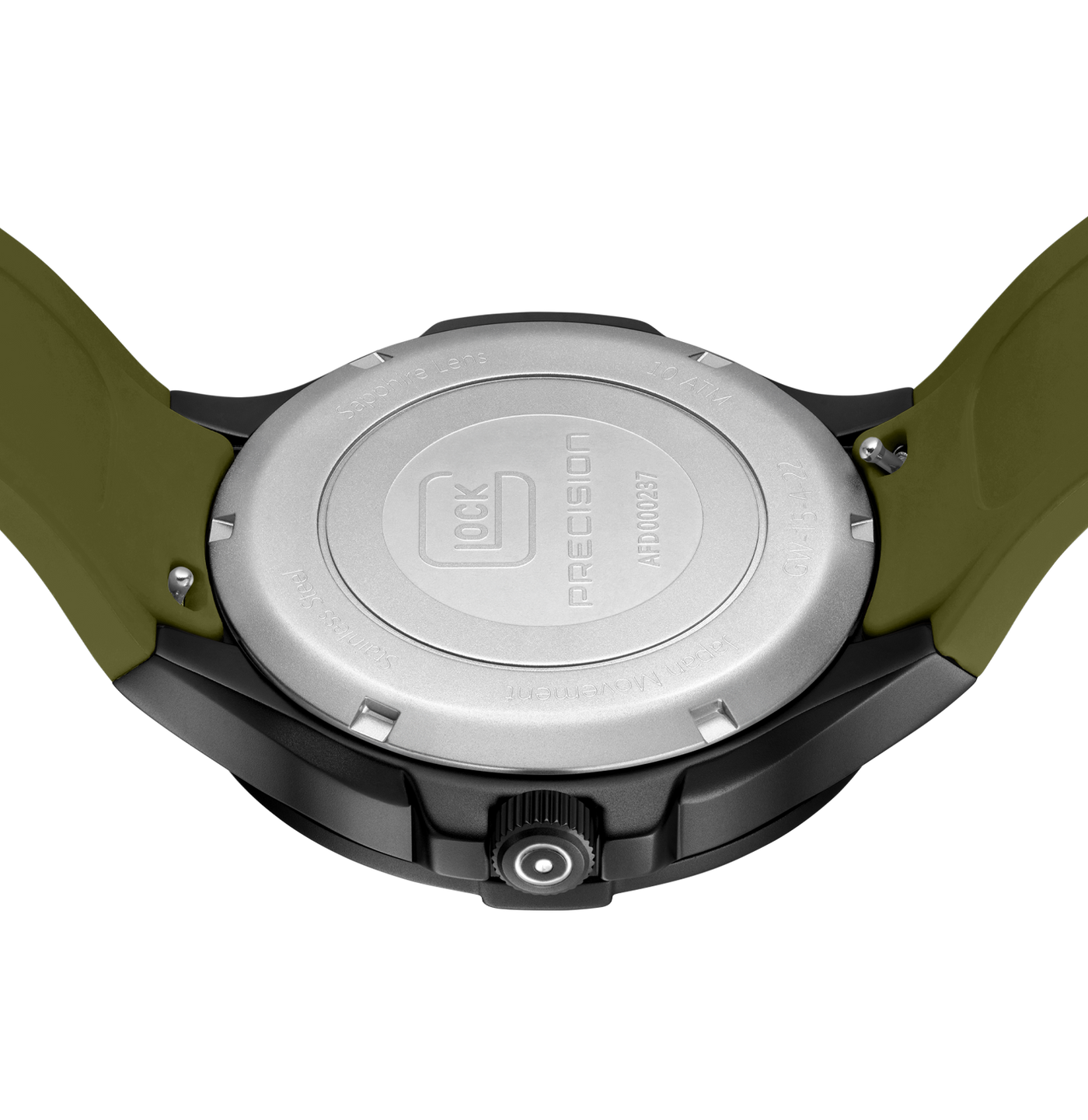 Close-up rear view of a watch with an olive green strap and a black case, showing the metallic silver back cover,