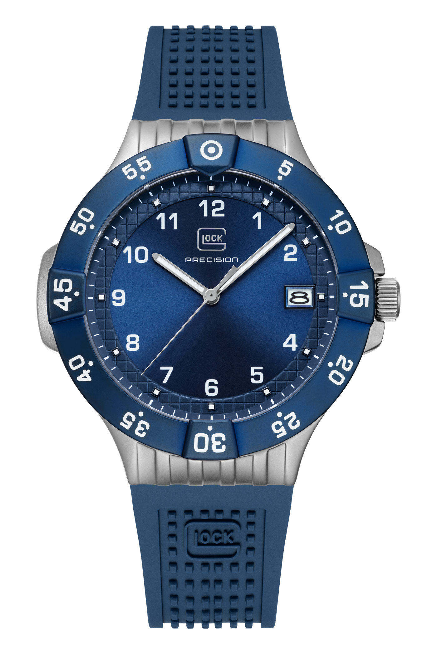 Blue watch with a detailed face on a white background