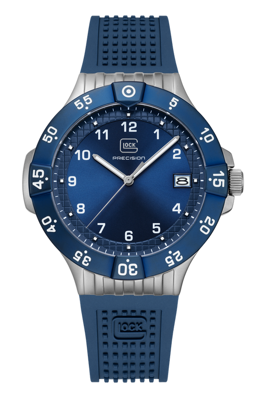 Blue watch with a detailed face on a white background