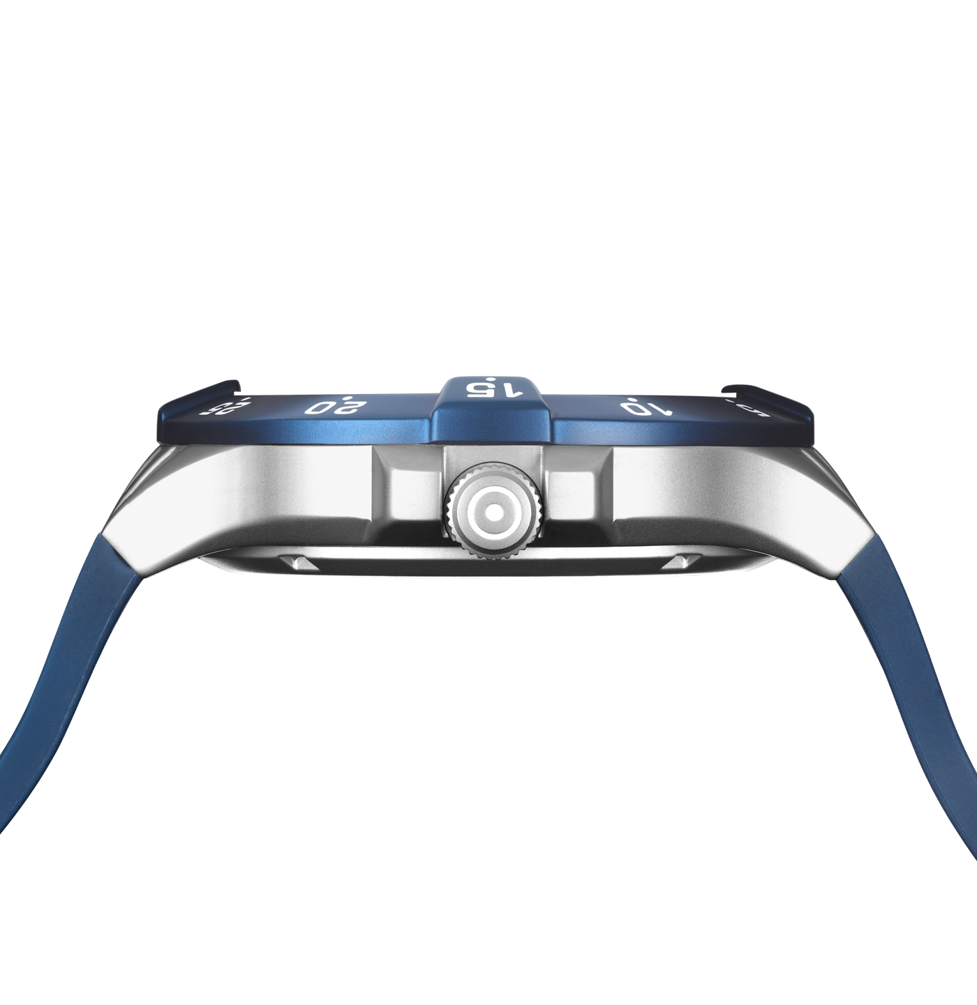 Close-up side view of a watch with a silver metal case, blue bezel details, and a blue strap on a plain white background.