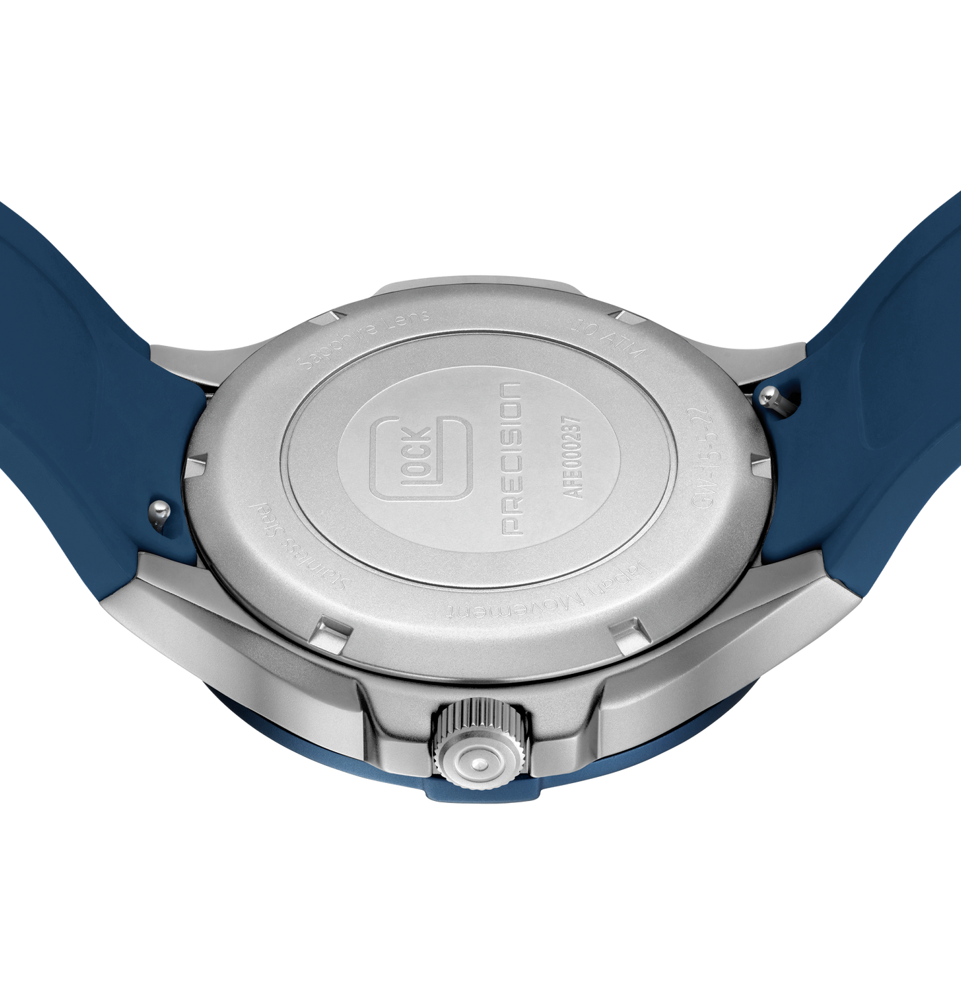 Close-up of a watch with a blue strap and silver case on a white background
