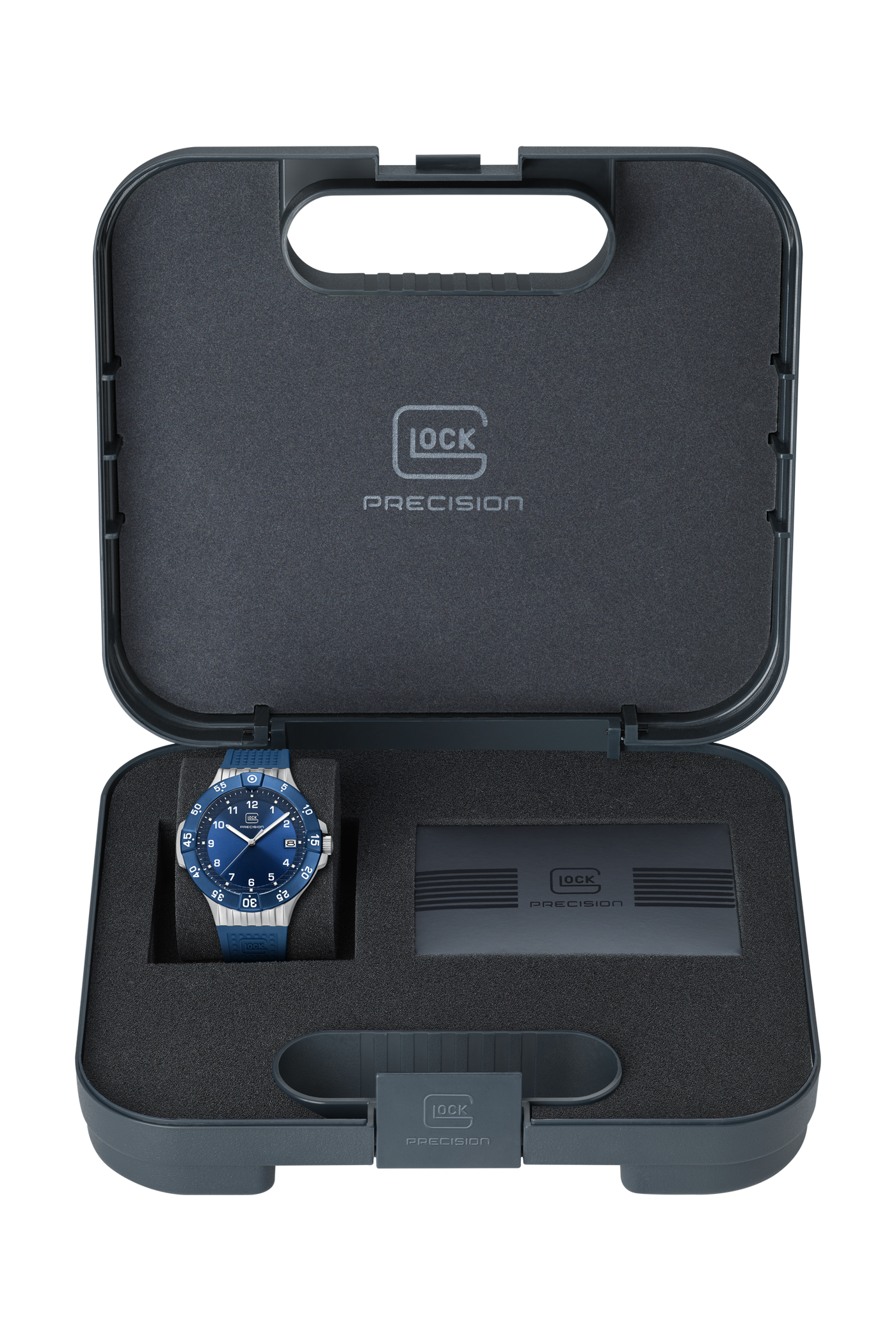 Black case with a watch inside, featuring the Glock Precision logo.