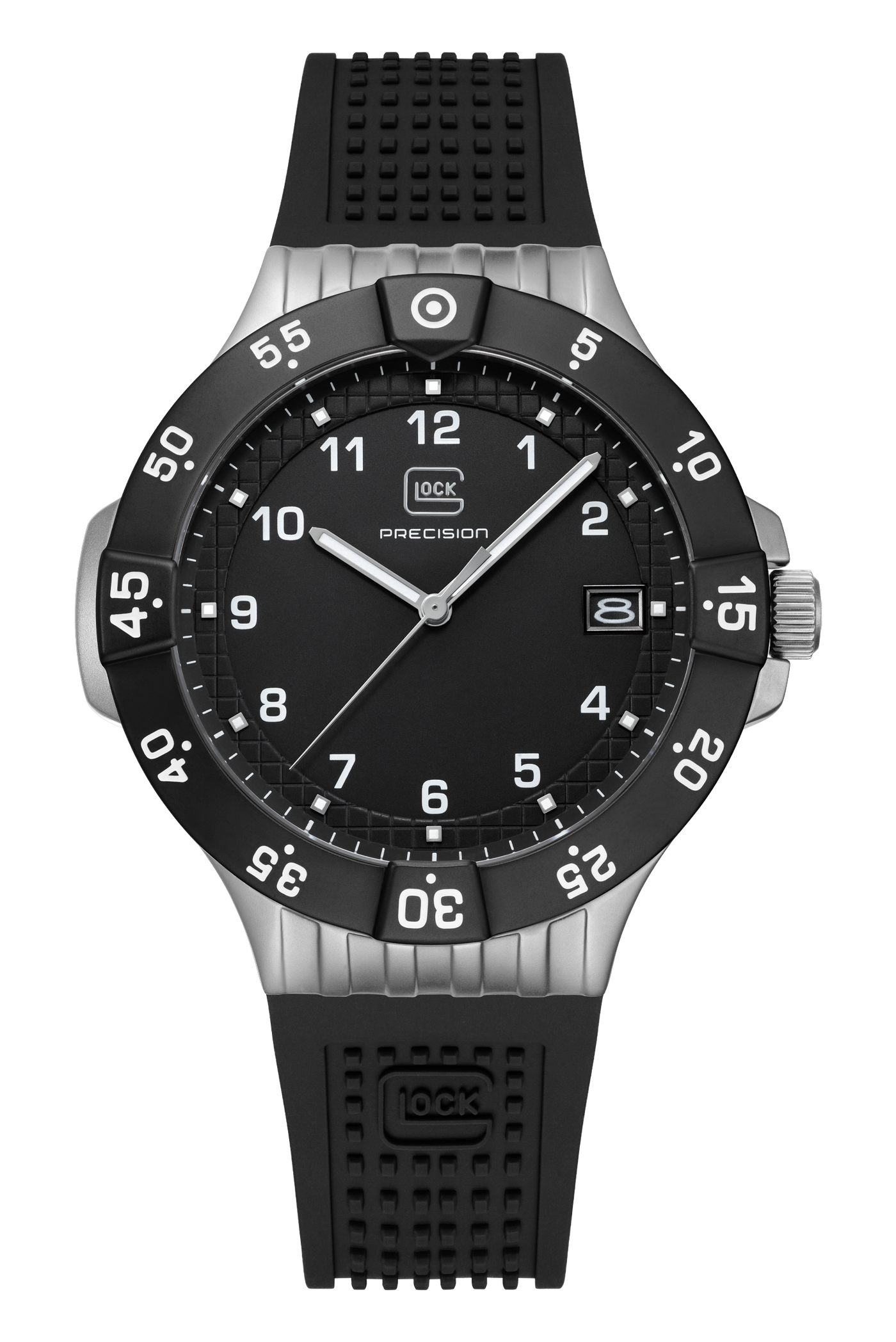 Black wristwatch with a detailed face on a white background