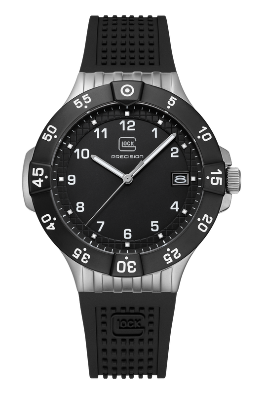 Black wristwatch with a detailed face on a white background